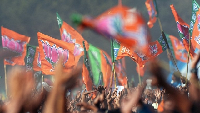 BJP flags at an election rally. (GettyImages)