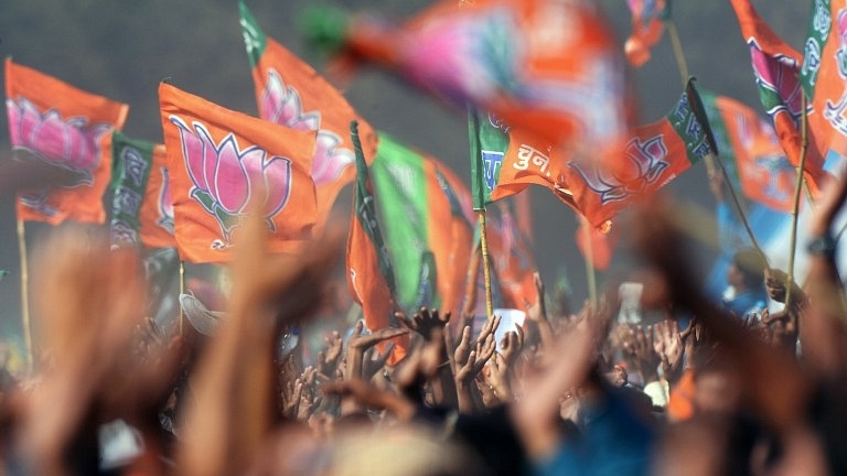 BJP flags at an election rally. (GettyImages)