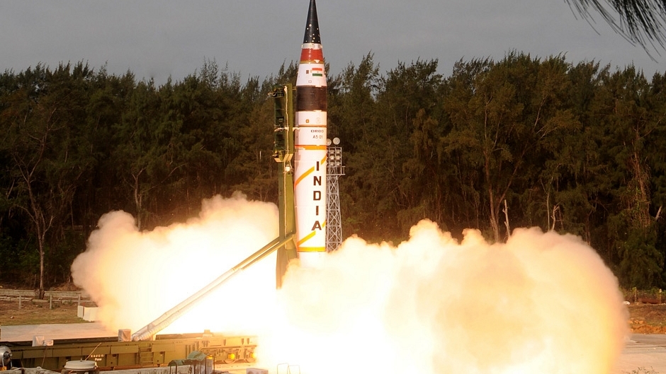 Agni missile test-fired from a movable platform. (DRDO)