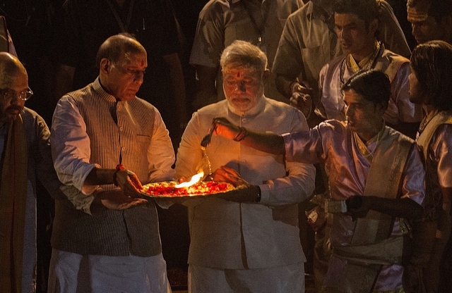 PM Narendra Modi at the Ganga aarti in Varanasi (Kevin Frayer/Getty Images)&nbsp;