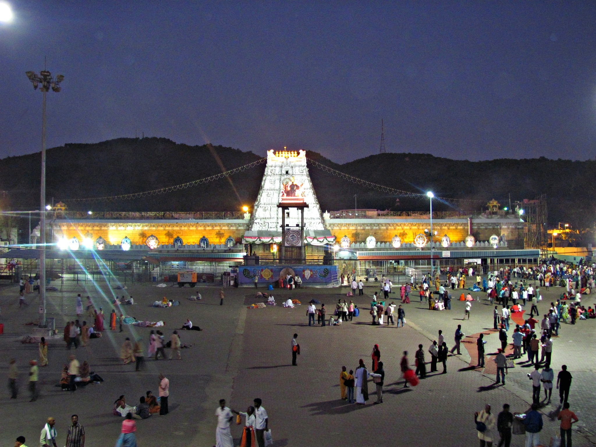 In resplendent glory, the temple dedicated to the Lord glows at night on top the holy hill