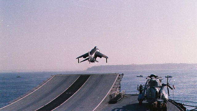 An Indian Navy Sea Harrier Taxes From INS Virat