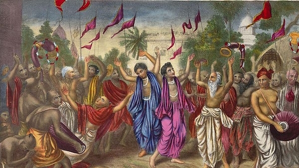 Sri Chaitanya Mahaprabhu is shown performing ‘kirtan’, devotional chanting and dancing, in the streets of Nabadwip, Bengal/Calcutta Art Studio/British Library