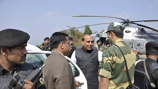 Home Minister Rajnath Singh arrives at the India-Bangladesh fence of the Border Security Force (BSF) border outpost at Khantlang, 254 kms north of Agartala. (ARINDAM DEY/AFP/Getty Images)