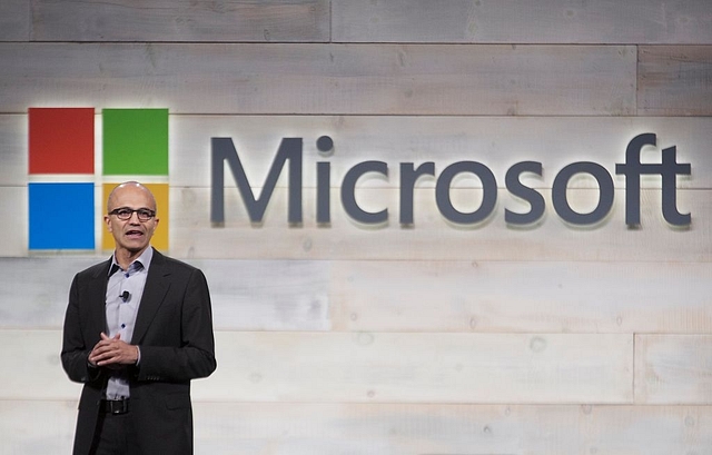 Microsoft chief executive Satya Nadella speaking in an event. (Stephen Brashear/Getty Images)