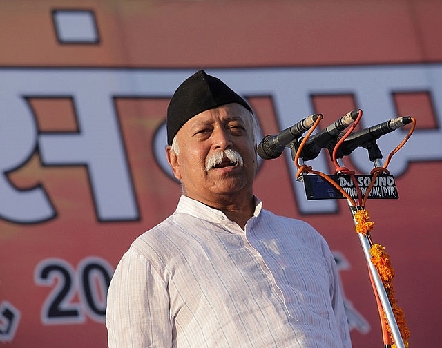 
Mohan Bhagwat, chief of the Indian Rashtriya Swayamsevak Sangh (RSS) speaks  during a rally. (Getty Images)  

