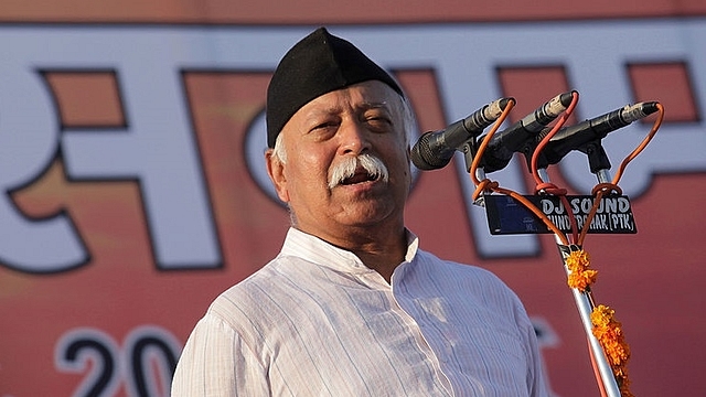 RSS chief Mohan Bhagwat speaks  during a rally. (Getty Images)