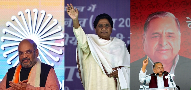 Amit Shah (L), Mayawati (C) and Mulayam Singh Yadav (R)