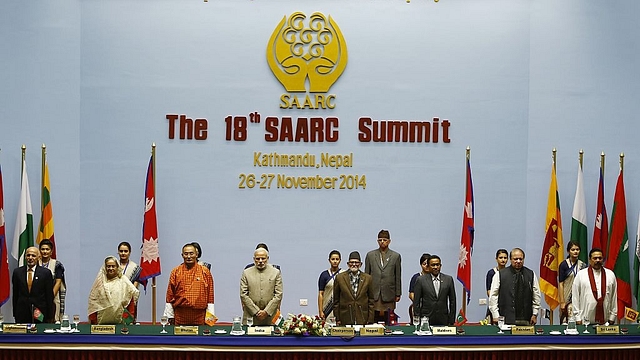 SAARC leaders during the closing session of the 18th SAARC
summit at City Hall in the Nepalese capital Kathmandu. Photo credit: NIRANJAN
SHRESTHA/AFP/GettyImages





