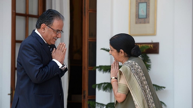 Pushpa Kamal Dahal ‘Prachanda’ and Sushma Swaraj, 2015 (PRAKASH SINGH/AFP/Getty Images)