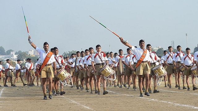 RSS cadets perform a drill during Vijaya Dashmi. (STR/AFP/Getty Images)