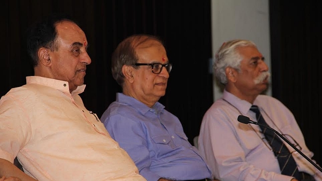 Rajiv Malhotra, centre, at the launch of his new book. Photo credit: Manish Pant