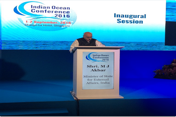 M J Akbar delivering the welcome address at the Indian Ocean Conference 2016 in Singapore. (Twitter, M J Akbar)