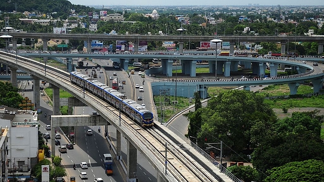 A Chennai Metro Rail train travels along the track between
the airport and Little Mount in Chennai. Photo credit: ARUN SANKAR/AFP/GettyImages