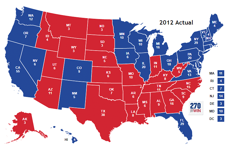 Barack Obama won the blue states. Mitt Romney took the red ones. (Photo credit: 270towin.com)