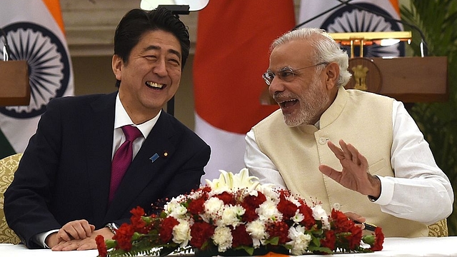 Modi and Abe during a meeting at Hyderabad House in New
Delhi. Photo credit: MONEY SHARMA/AFP/GettyImages &nbsp; &nbsp; &nbsp;