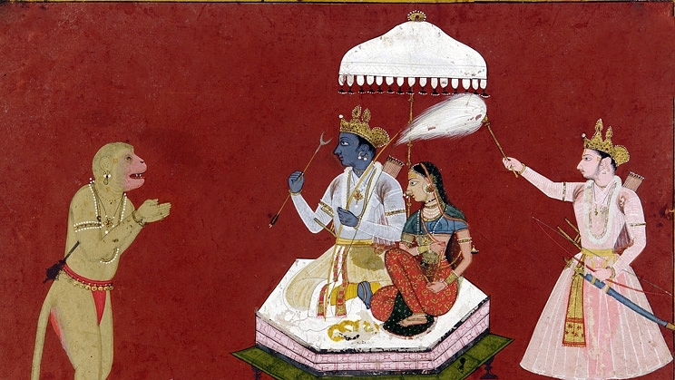 Representative image of a painting depicting Ram, Sita, and Hanuman.