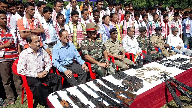 ULFA cadres surrender before the Assam Police in Guwahati. Photo
credit: BIJU BORO/AFP/GettyImages