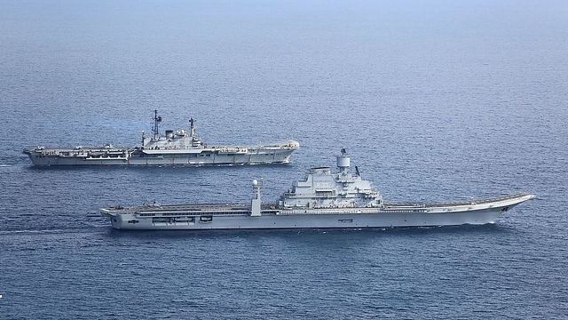 Indian Navy’s aircraft carriers INS Viraat and Vikramaditya in the Arabian Sea in January 2014. (Indian Navy)