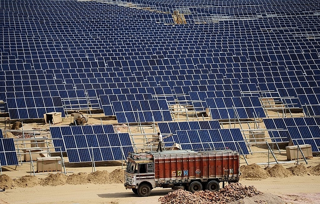 Solar panels at the under construction Roha Dyechem solar plant at Bhadla near Jodhpur, Rajasthan. (MONEY SHARMA/AFP/Getty Images)