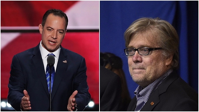  Reince Priebus, chairman of the Republican National Committee (Alex Wong/Getty Images)/Donald Trump’s campaign Chief Executive Officer Stephen Bannon (MANDEL NGAN/AFP/Getty Images)