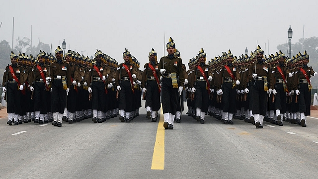 An Indian army
contingent rehearses for Indian Republic Day parade along Rajpath in New Delhi.
(MONEY SHARMA/AFP/Getty Images)