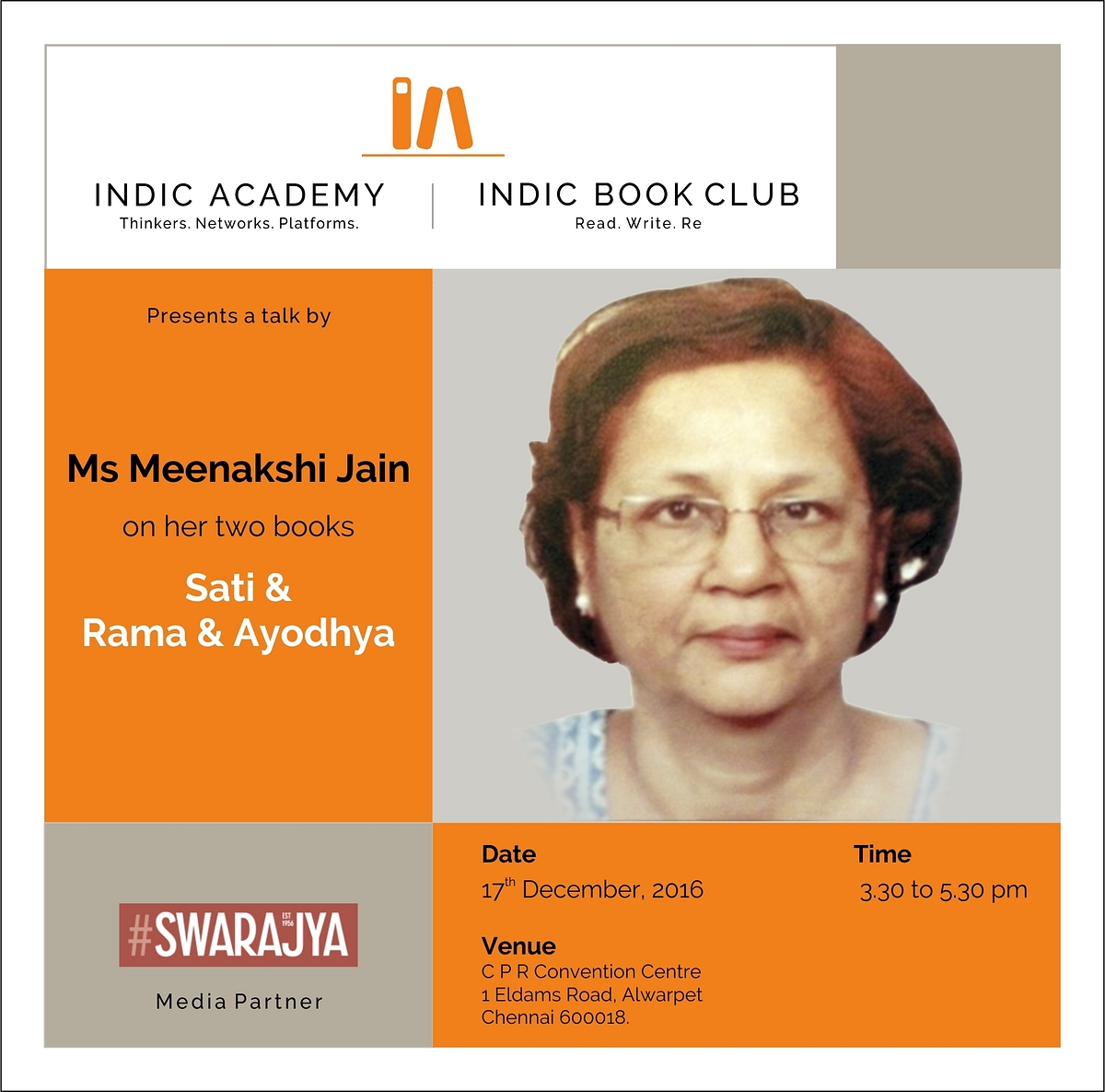 Indic Academy Chennai Event: Meenakshi Jain To Speak On Her Books Sati And Rama & Ayodhya