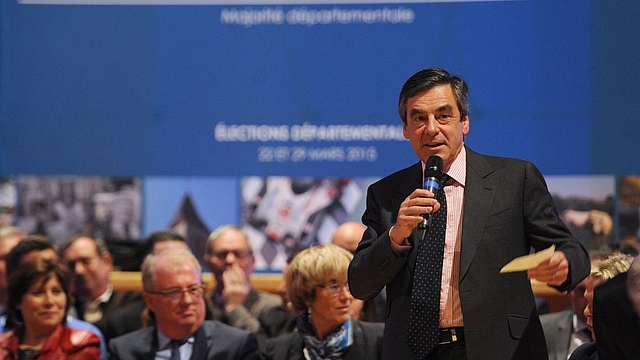 Fillon speaks during an election rally in Yvre-l’Eveque, western France.  Photo credit: JEAN-FRANCOIS MONIER/AFP/GettyImages