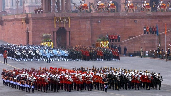 India’s Armed Forces Bands march in front of the Central Secretariat Building during th Beating the Retreat Parade in New Delhi, 2004. (RAVEENDRAN/AFP/Getty Images)