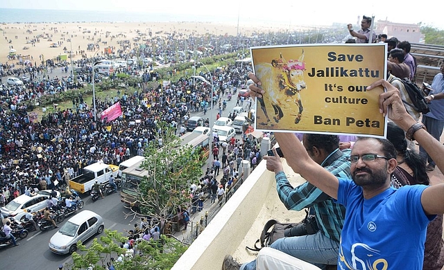 
Indian students calling for a ban on  PETA at Marina Beach in  
Chennai. (STR/AFP/Getty Images)

