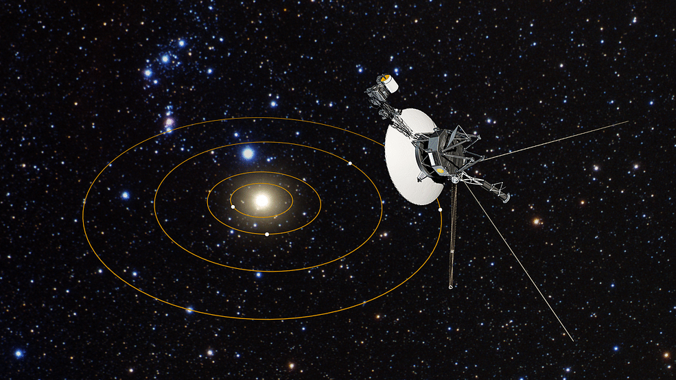 In this artist’s conception, NASA’s Voyager 1 spacecraft has a bird’s-eye view of the solar system. The circles represent the orbits of the major outer planets: Jupiter, Saturn, Uranus, and Neptune. (NASA, ESA, and G. Bacon (STScI))