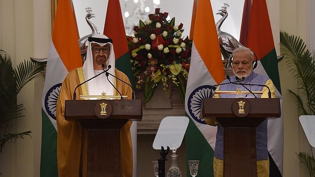 Indian Prime Minister Narendra Modi and the Crown Prince of Abu Dhabi Sheikh
Mohammed bin Zayed Al Nahyan speak at a press conference following a meeting in
New Delhi.(MONEY SHARMA/AFP/GettyImages)