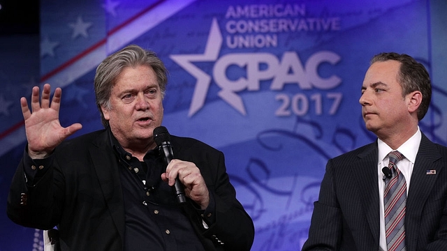 White House Chief of Staff Reince Priebus (R) and White House Chief Strategist Steve Bannon (L) participate in a conversation at CPAC. (Alex Wong/Getty Images)