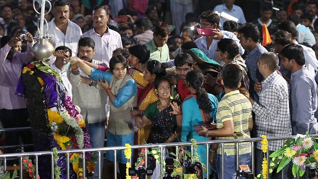 Trupti Desai at the Mahalaxmi Temple in Kolhapur, Maharashtra