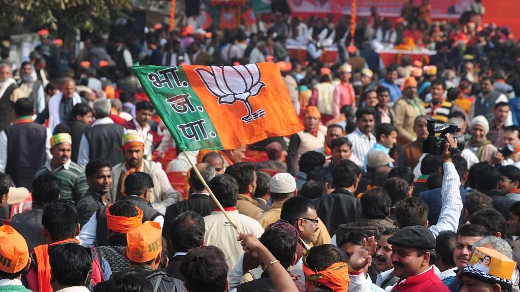 Supporters of the Bharatiya Janata Party (BJP) gather  ahead of the forthcoming Uttar Pradesh assembly election in Allahabad. (SANJAY KANOJIA/AFP/Getty Images)