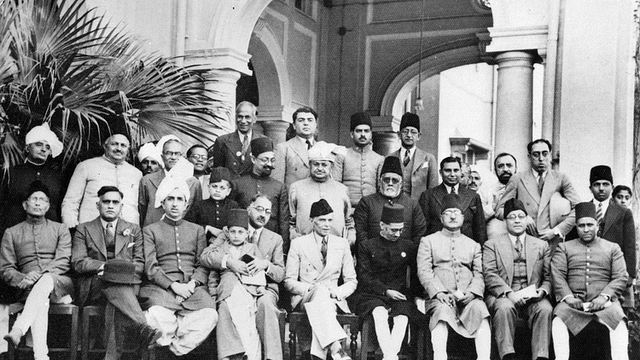 

Muslim League leaders after a dinner party given at the residence of Mian Bashir Ahmad, Lahore, 1940. Group portrait with Jinnah seated in the centre. (British Library)