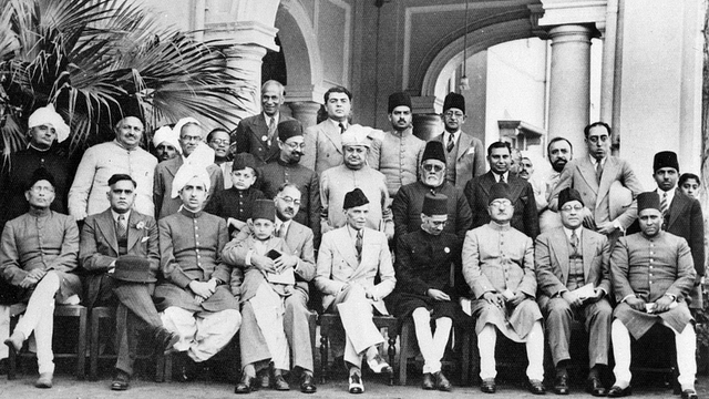 

Muslim League leaders after a dinner party given at the residence of Mian Bashir Ahmad, Lahore, 1940. Group portrait with Jinnah seated in the centre. (British Library)