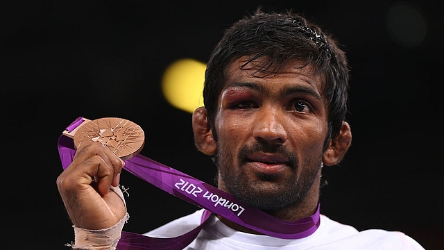 Bronze medalist Yogeshwar Dutt in the Men’s Freestyle 60kg Wrestling at the London 2012 Olympic Games in London, England. (Paul Gilham/Getty Images) 