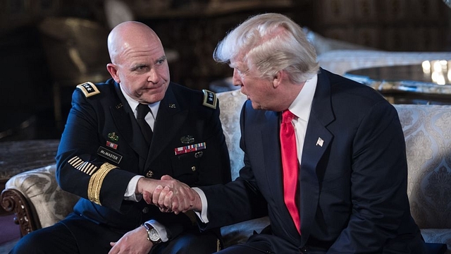 US President Donald Trump shakes hands with his pick for national security adviser, US Army Lieutenant General H R McMaster (L). (NICHOLAS KAMM/AFP/Getty Images)