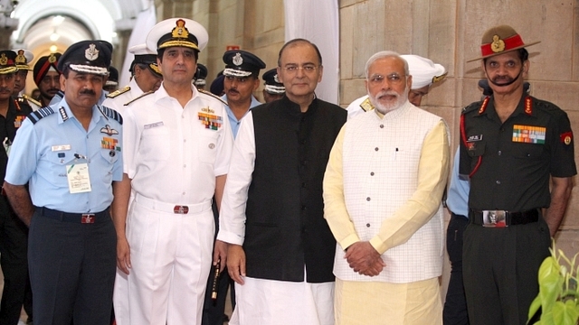 Prime Minister Narendra Modi and Union Minister for Finance, Corporate Affairs and Defence Arun Jaitley and the three Service Chiefs, Air Chief Marshal Arup Raha, Admiral R.K. Dhowan and General Dalbir Singh, during the Combined Commanders’ Conference(Photo Courtesy:Wiki Commons)