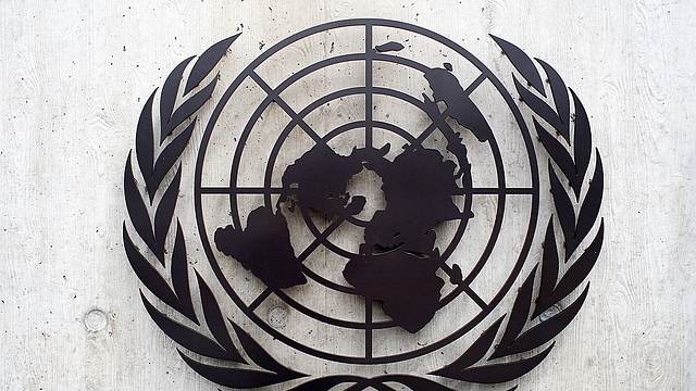 The United Nations emblem at the United Nations Office (UNOG) in Geneva, Switzerland. (Johannes Simon/Getty Images)