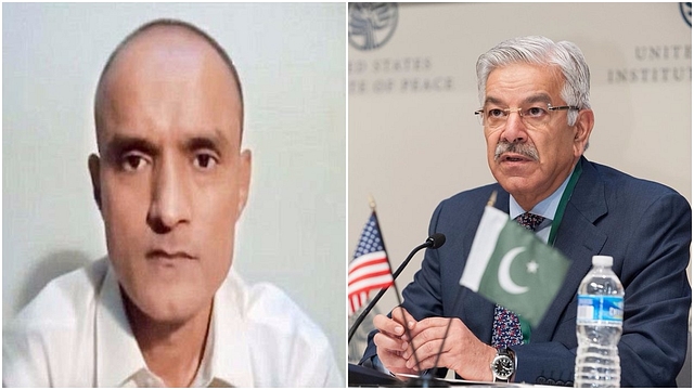 Former Indian Navy personnel Kulbhushan Jadhav (ANI)/Pakistan’s defence minister Khawaja Asif (R)