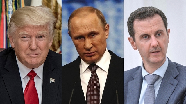 From left: US President, Donald Trump; Russian President Vladimir Putin; and Syrian President Bashar Assad