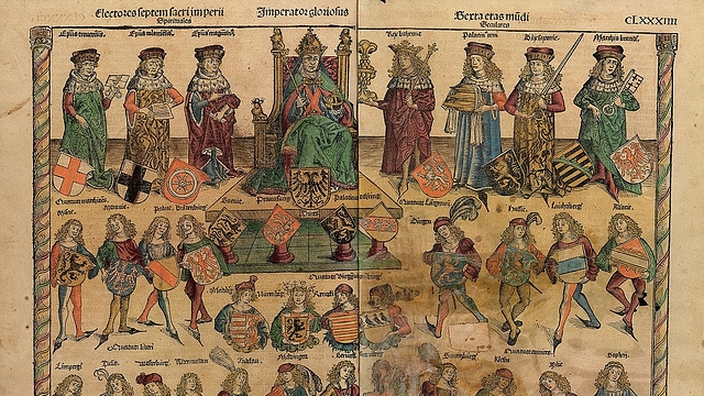 An illustration from Schedelsche Weltchronik depicting the structure of the Reich: The Holy Roman Emperor is sitting; on his right are three ecclesiastics; on his left are four secular electors. (Source: Wikipedia)