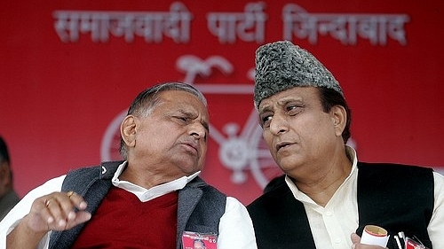 SP Chief Mulayam Singh and Azam Khan at an election rally.

