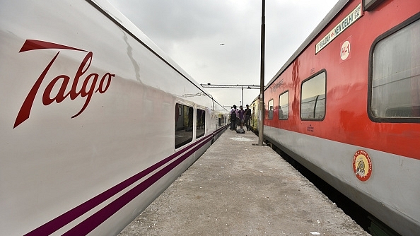 A high-speed Talgo Train stands on a platform next to a Rajdhani Express in New Delhi, India. (Raj K Raj/Hindustan Times via Getty Images)