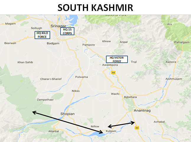 

Map represents South Kashmir with the Pulwama - Shupiyan - Kulgam - Bijbehara (PSKB) quadrangle. The arrows show the alignment where density of troops reduced over time and which today demands fresh deployment. 