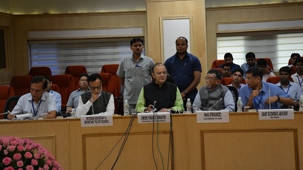 (L to R) Revenue Secretary  Hasmukh Adia, Finance Minister Arun Jaitley, Minister of State for Finance Santosh Gangwar and Chief Economic Adviser Arvind Subramanian (Ministry of Finance/Twitter)