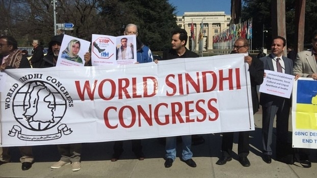 

The protest was held against the enforced disappearances of Sindhi political activists, CPEC and other human rights abuses against the Sindhi people. (World Sindhi Congress)