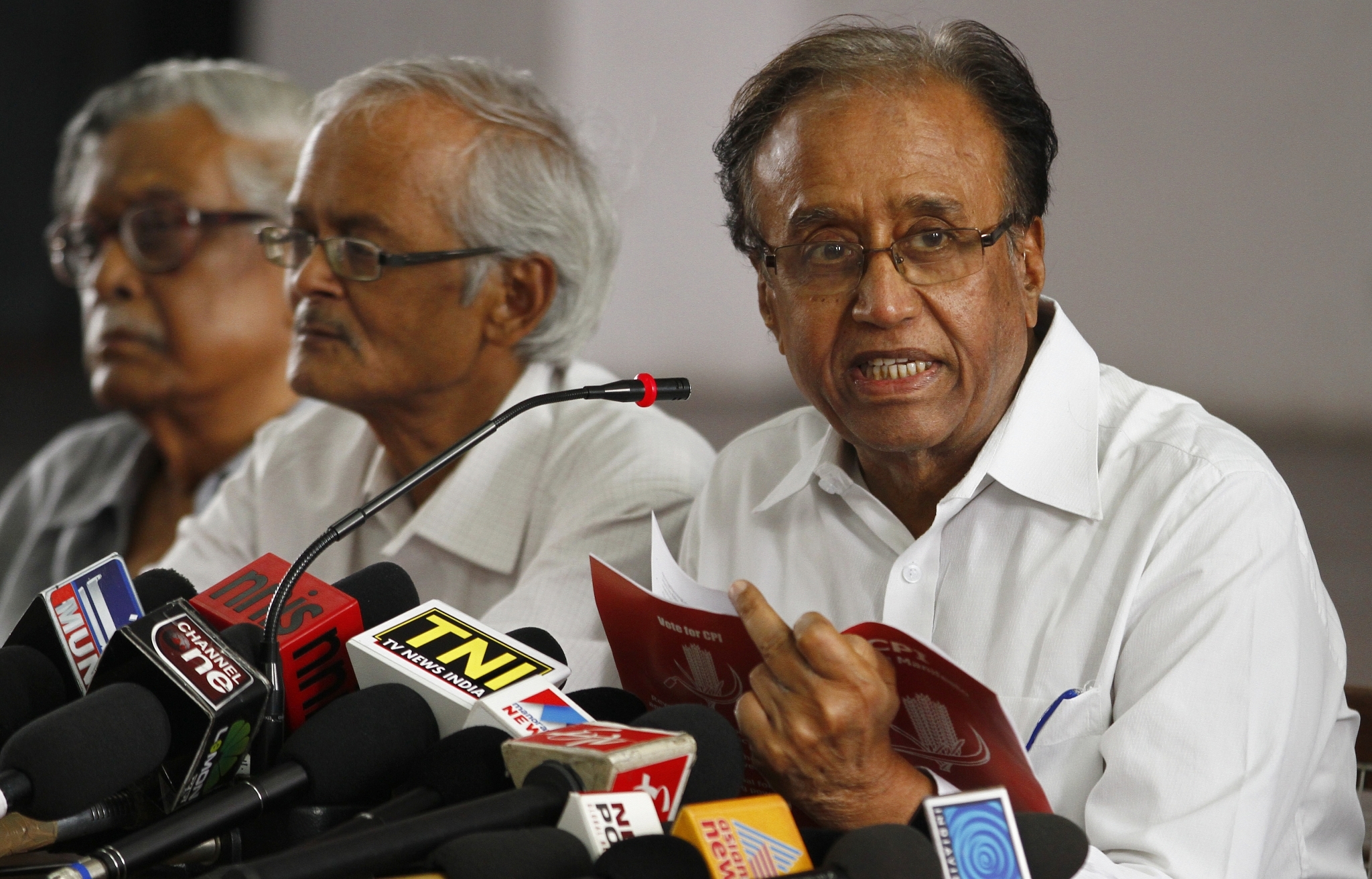 CPI General Secretary Sudhakar Reddy at a party meeting (Arun Sharma/Hindustan Times via Getty Images)